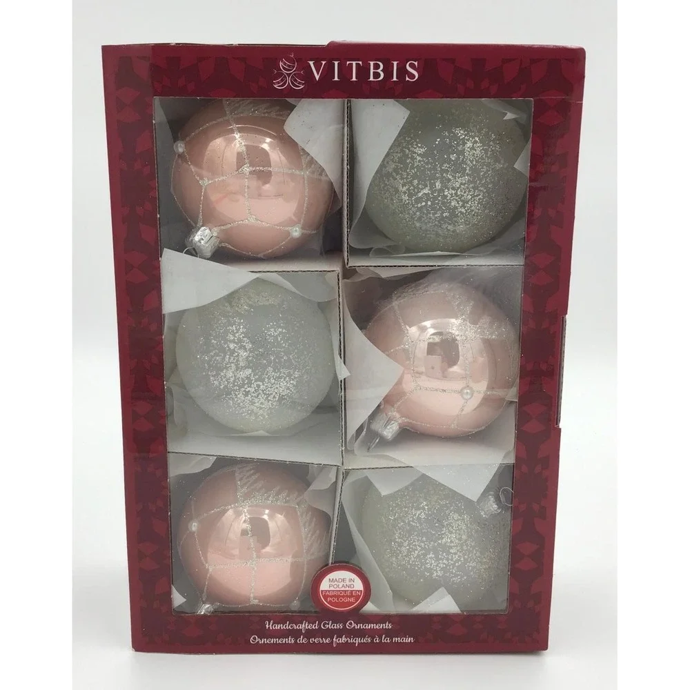 Vitbis Handcrafted Glass Ornaments Set of 12 Rose Gold White Glitter Poland